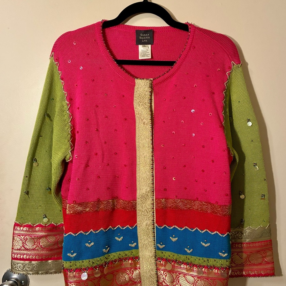 Susan Bristol “Kantha” Colorblock Cotton Sweater Sequins Beaded Embroided XL